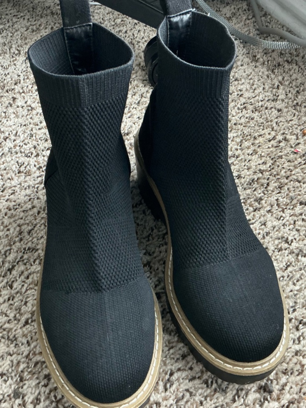 Nicole Miller Black Knit Chelsea Boots with Tan Trim